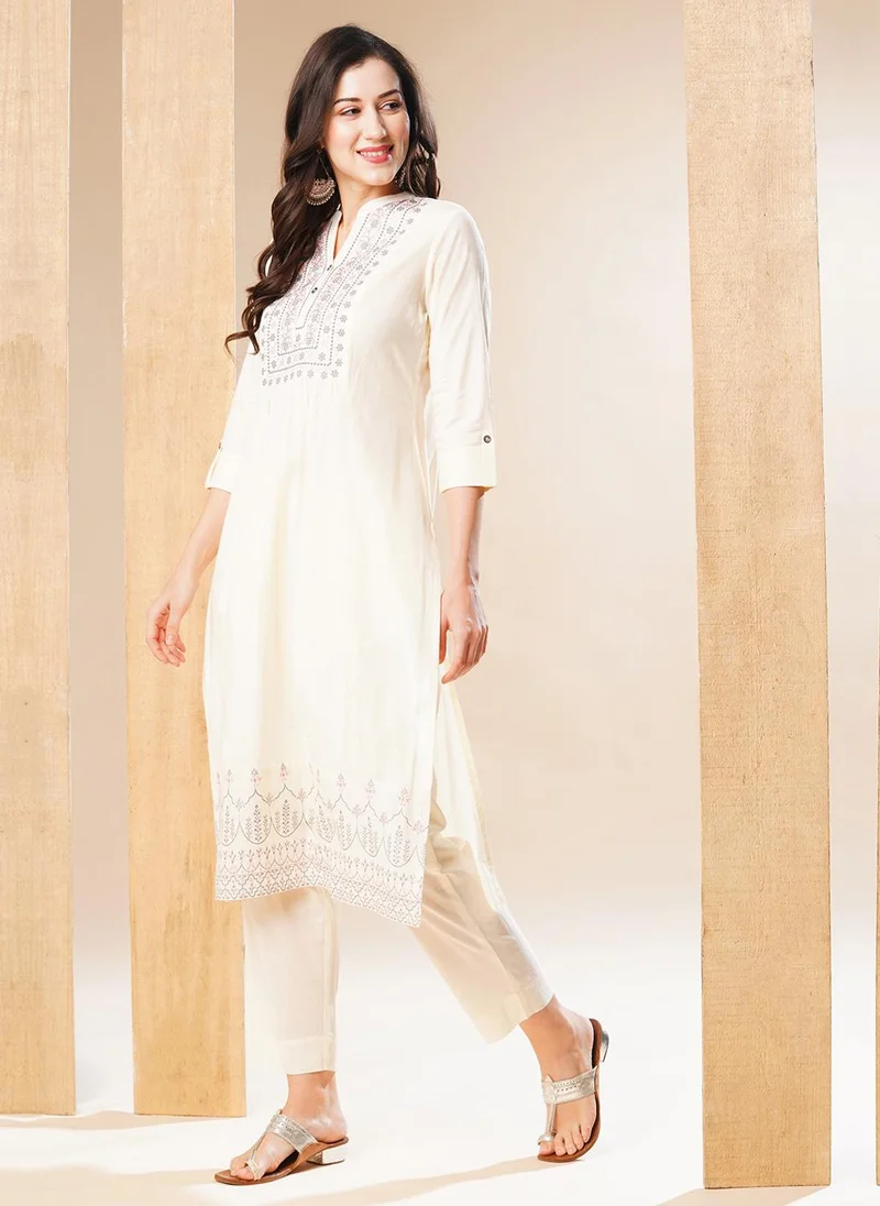 globus  Globus Women Off White Floral Yoke Design Thread Work Pure Cotton A-Line Kurta With Trousers for Women | Best Price UAE